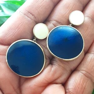 CINER Rare Blue | White Enamel Circle Gold Plate Drop Earrings - Vtg